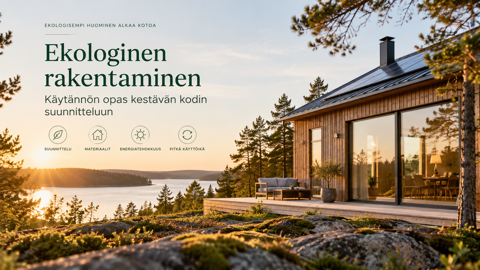 Ekologinen puurakenteinen koti järvimaisemassa aurinkopaneeleilla