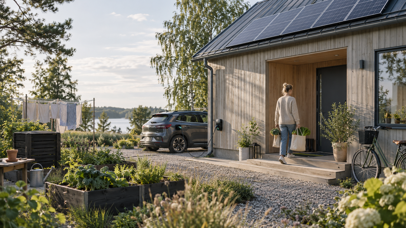 Kestävää arkea suomalaisessa kodissa, aurinkopaneelit, pyörä, sähköauto, kasvimaa ja arkiset ruokaostokset