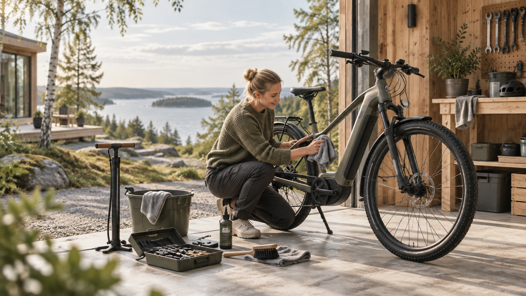 Sähköpyörän huolto skandinaavisessa pihapiirissä