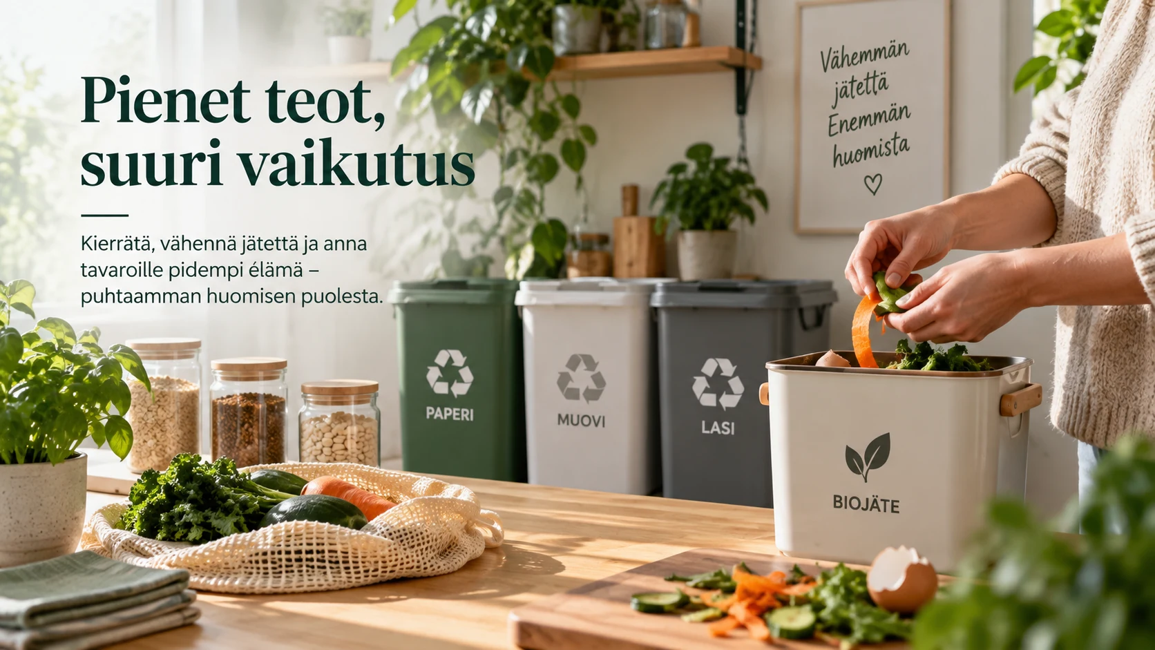 Jätteiden vähentäminen kotona, biojätteen lajittelu ja pakkausten kierrätys