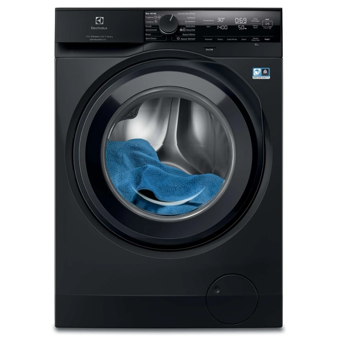 Tumma Electrolux EFI742LX4G -pyykinpesukone edestä kuvattuna.